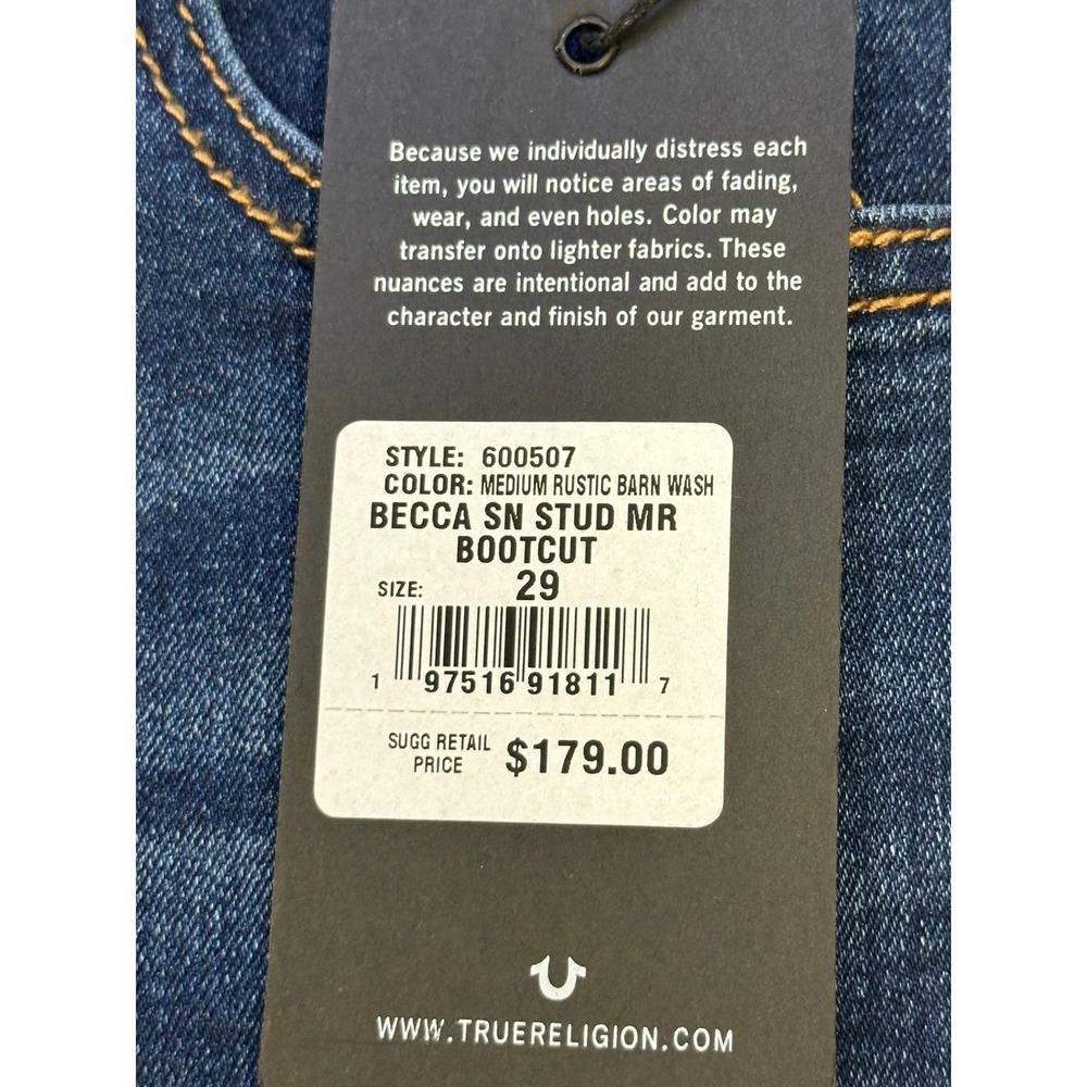 True Religion Becca SN Stud MR Bootcut Jeans Medium Rustic Barn Wash 29 NWT - Picture 7 of 14